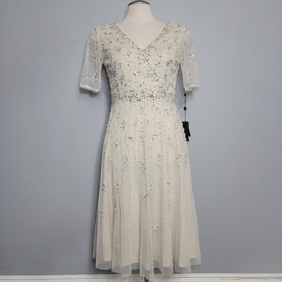 Adrianna Papell | Beaded Short Sleeve Tea Length Formal Dress - Picture 2 of 16